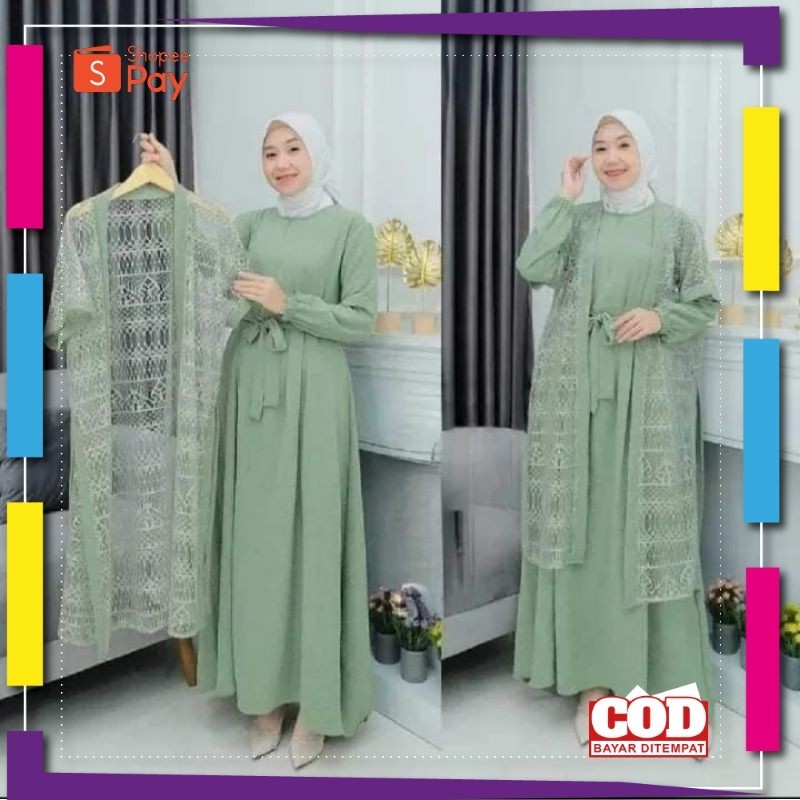 [PREMIUM ORIGINAL] Gamis Raya Dress Outher Terbaru Mix Rompi Brukat Terpisah Dress Wanita Dewasa