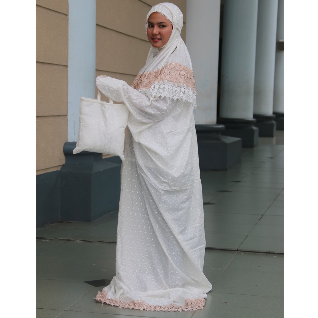 READYSTOCK mukena terusan mukena dewasa katun jepang prada bordir jumbo renda dobel coklat putih mur