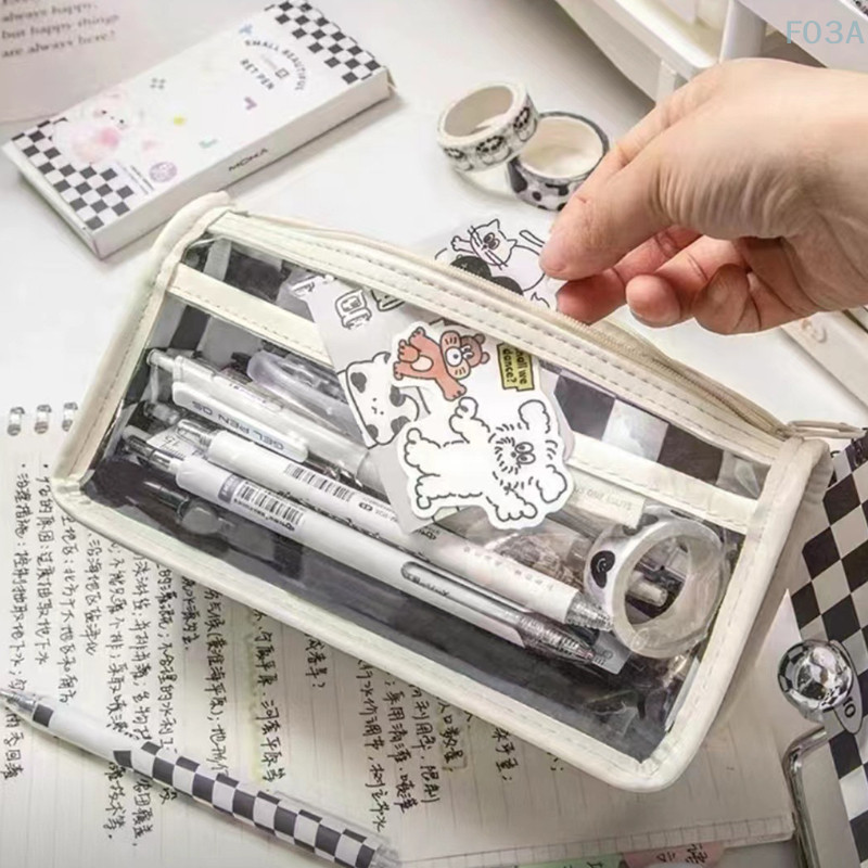

Portable Waterproof Pen Bag Large Capacity Double Layer Pencil Case Simple Transparent Checkerboard Pencil Storage Stationery