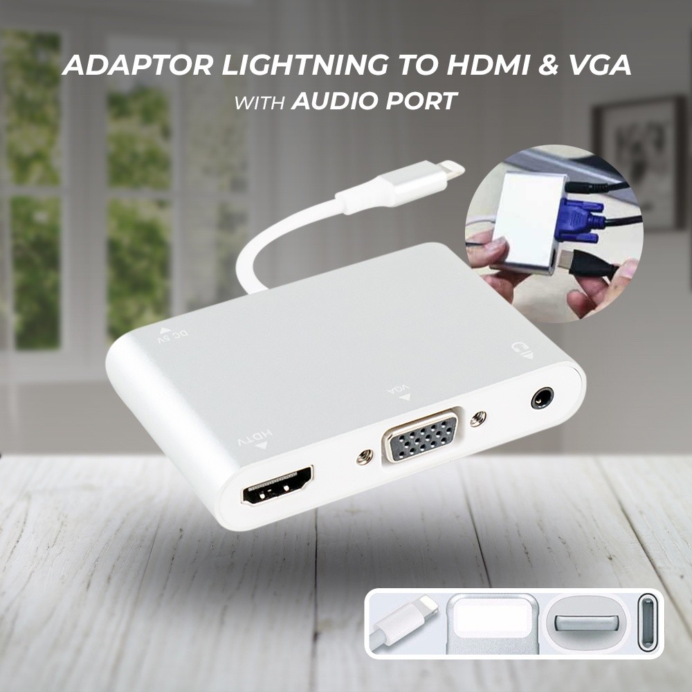 BSDMall- MicroUSB  Pengisi Daya Adaptor Converter Lightning Sambungan Ke HDMI VGA IPhone  with Audio