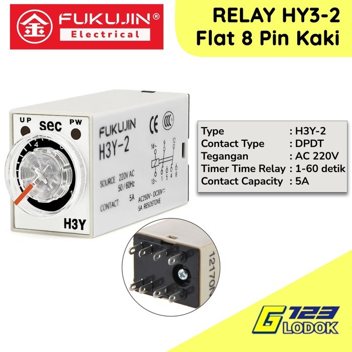 FUKUJIN Mini Timer Delay Relay H3Y-2 H3Y2 TDR 0-60S 60s 60 Detik 1min DPDT 220VAC 8 Pin Kaki Power S