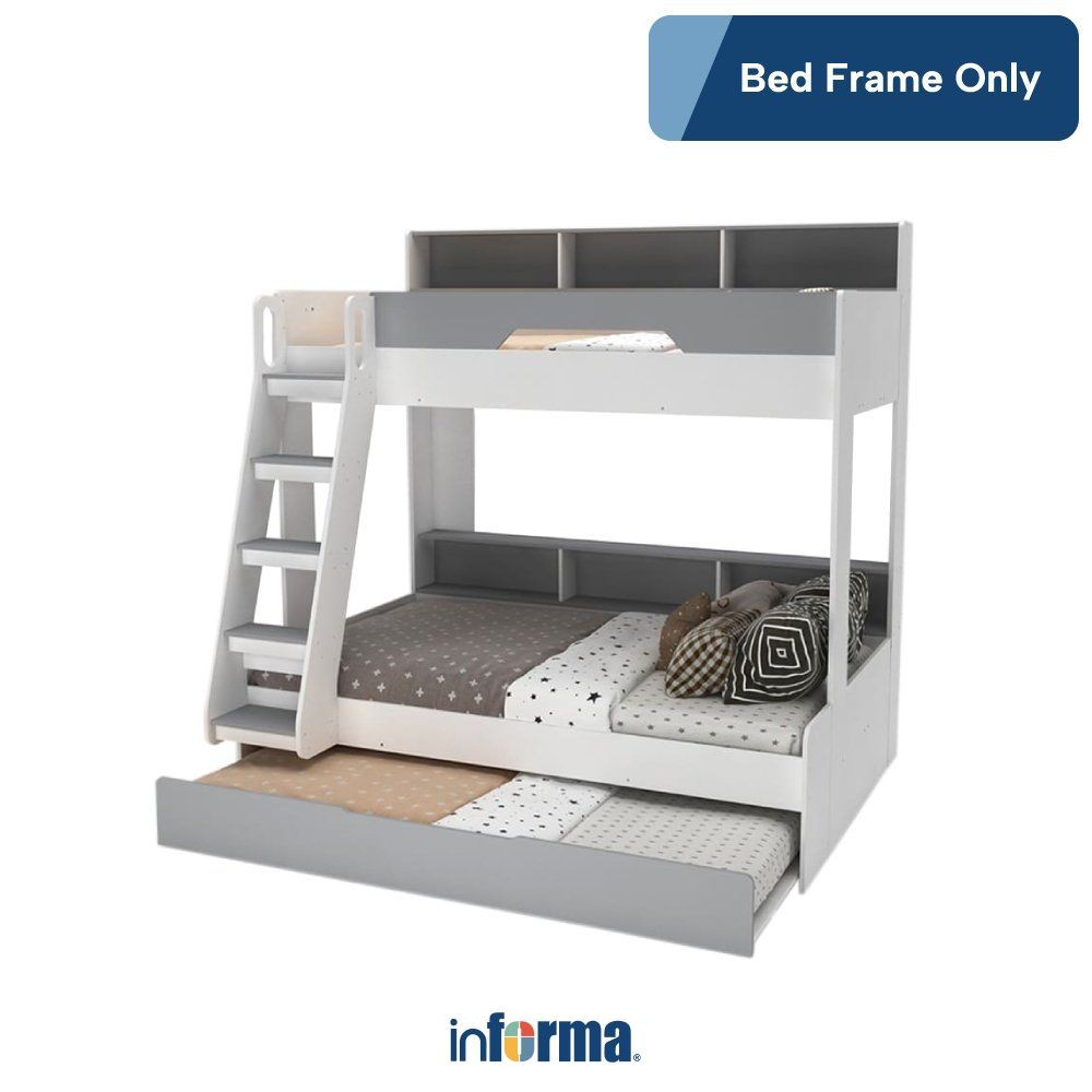 Informa Darren Triple Bunkbed Anak Dengan Tempat Penyimpanan - Putih/Abu-Abu 2 Susun Perlengkapan Ti