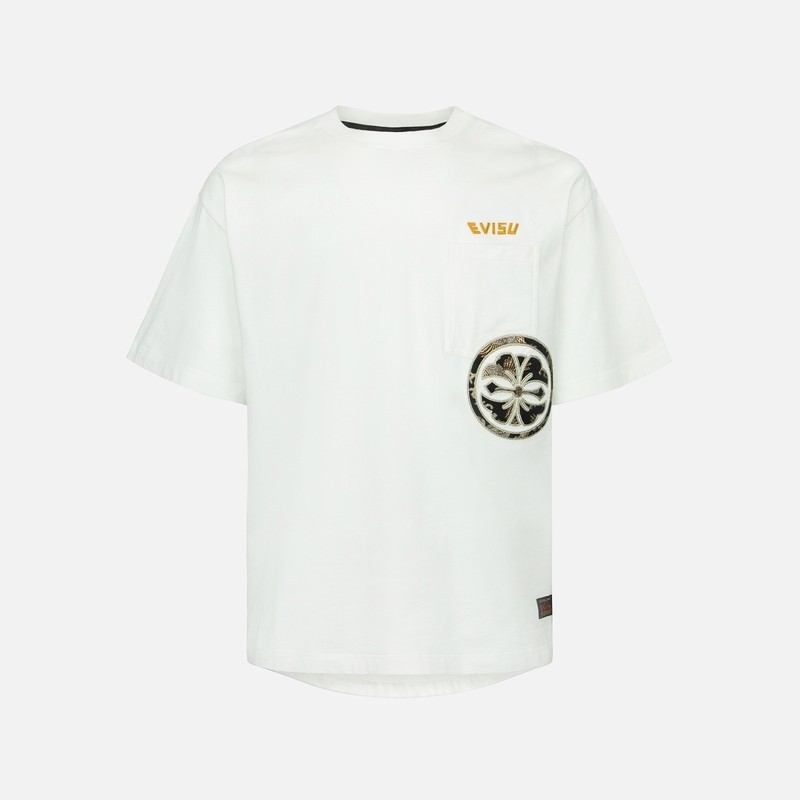 EVISU T-shirt pria rumah bunga brokat saku tempel katun bulat leher putih lengan pendek mode kasual 