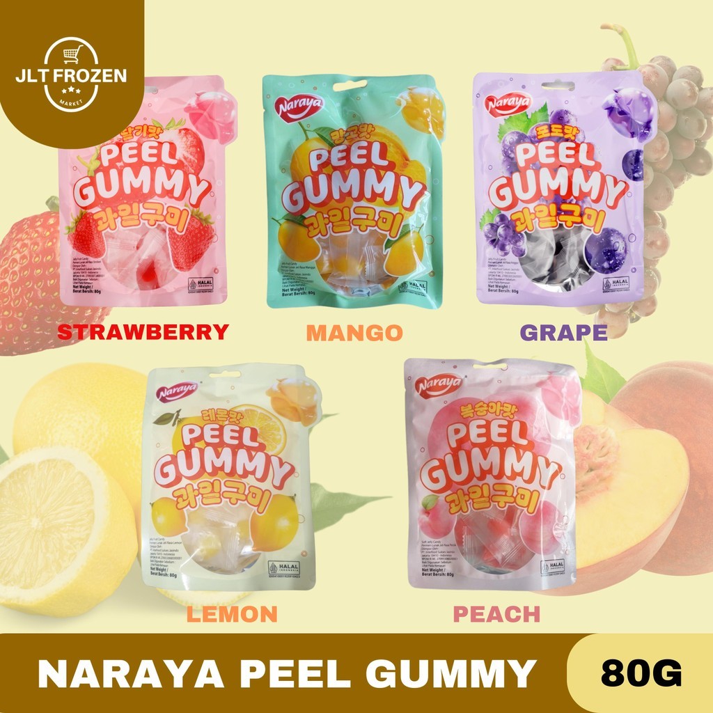 

Naraya Peel Gummy / Permen Jelly Rasa Peach / Lemon / Mango / Grape / Strawberry / Jelly Buah 80g