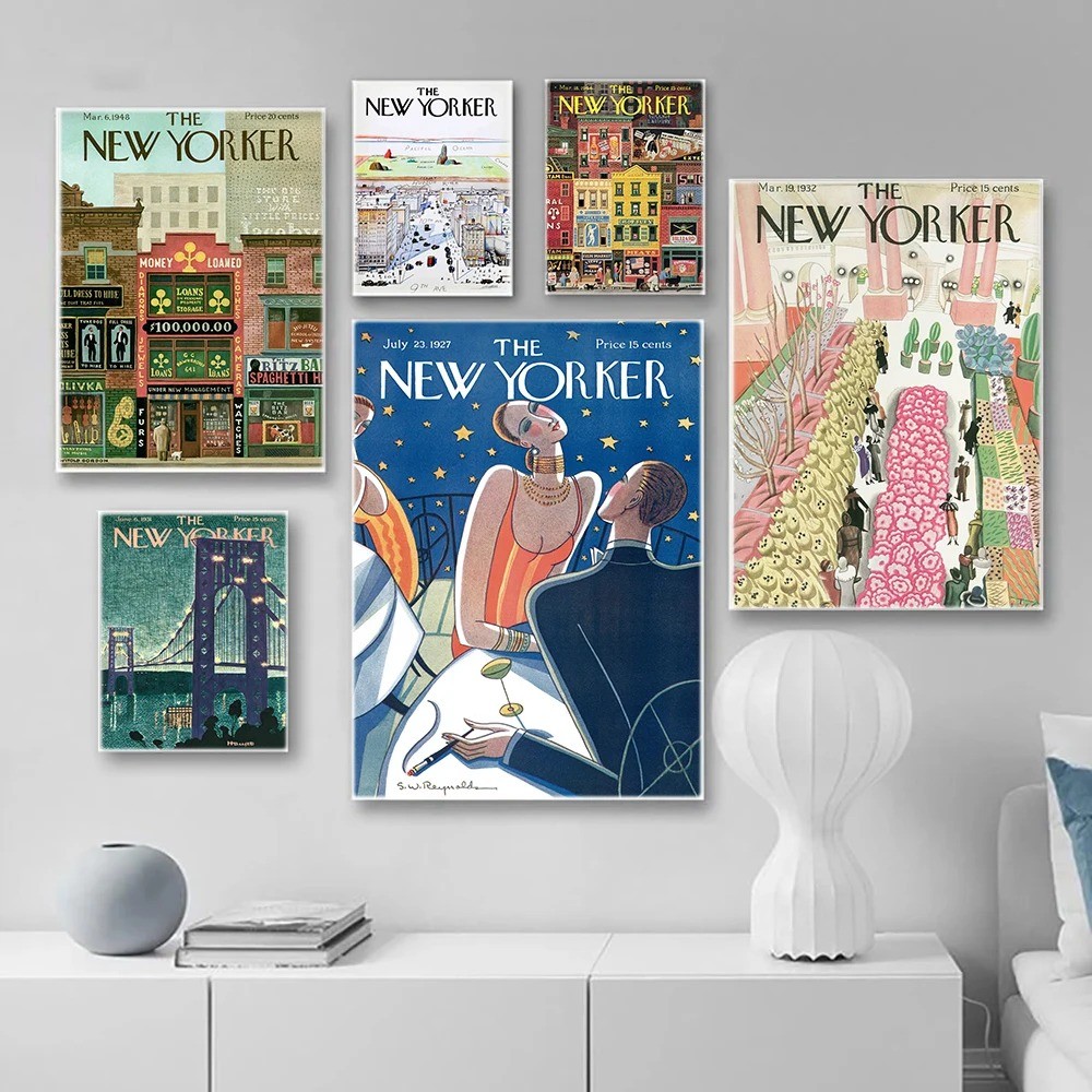 

The New Yorker Travel City Posters Wall Art Gallery Retro Color Living Room Home Decor Cartoons Magazine Cover Canvas Paintings