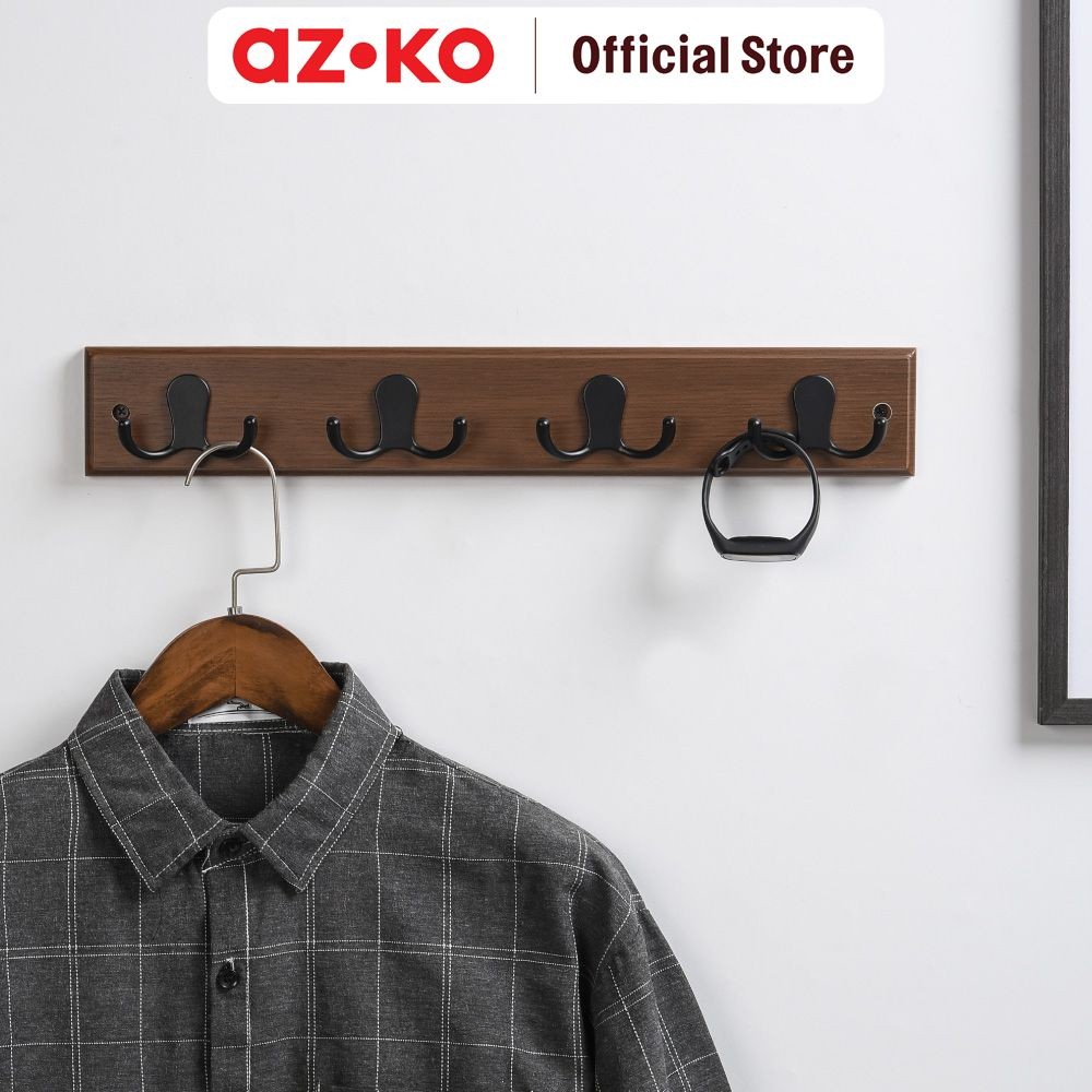 AZKO Stora 45x4.5x7 cm Gantungan Pakaian Dinding 4 Pengait Walnut Pengait Baju Tembok Serbaguna Scre