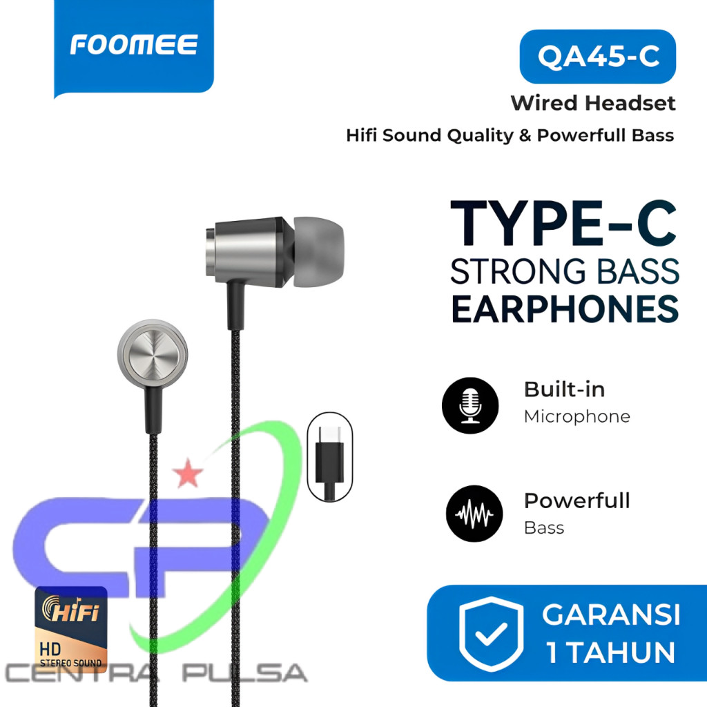 Foomee QA45-C Wired Earphone Type-C Connector Powerfull Bass Headset Kabel 120CM