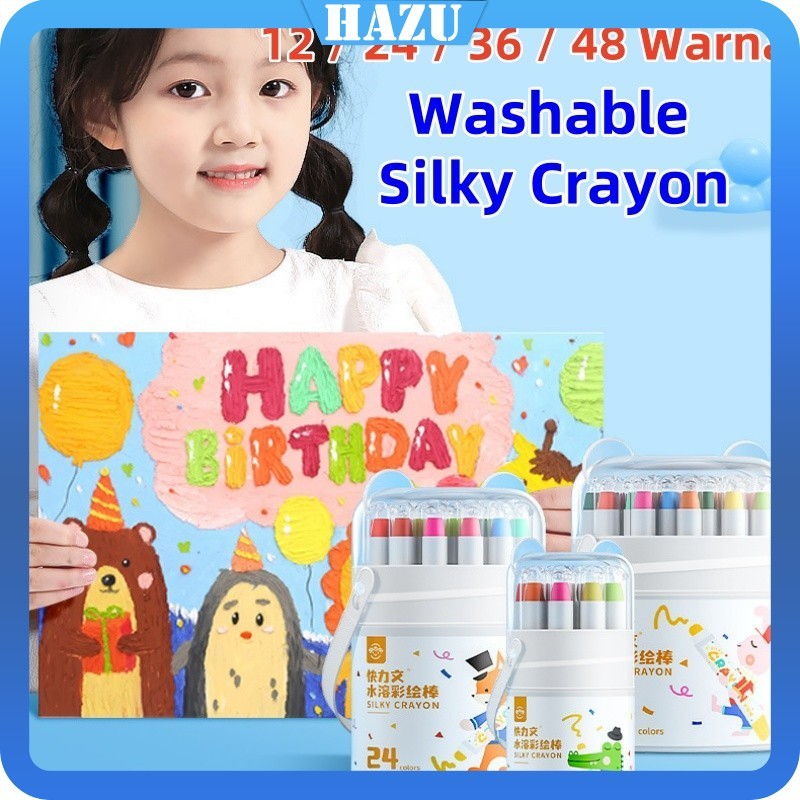 

Washable Silky Crayon 12 / 24 / 36 / 48 Warna Colorful Bucket Krayon Mewarnai Alat Warna Set Anak Wipe and Clean