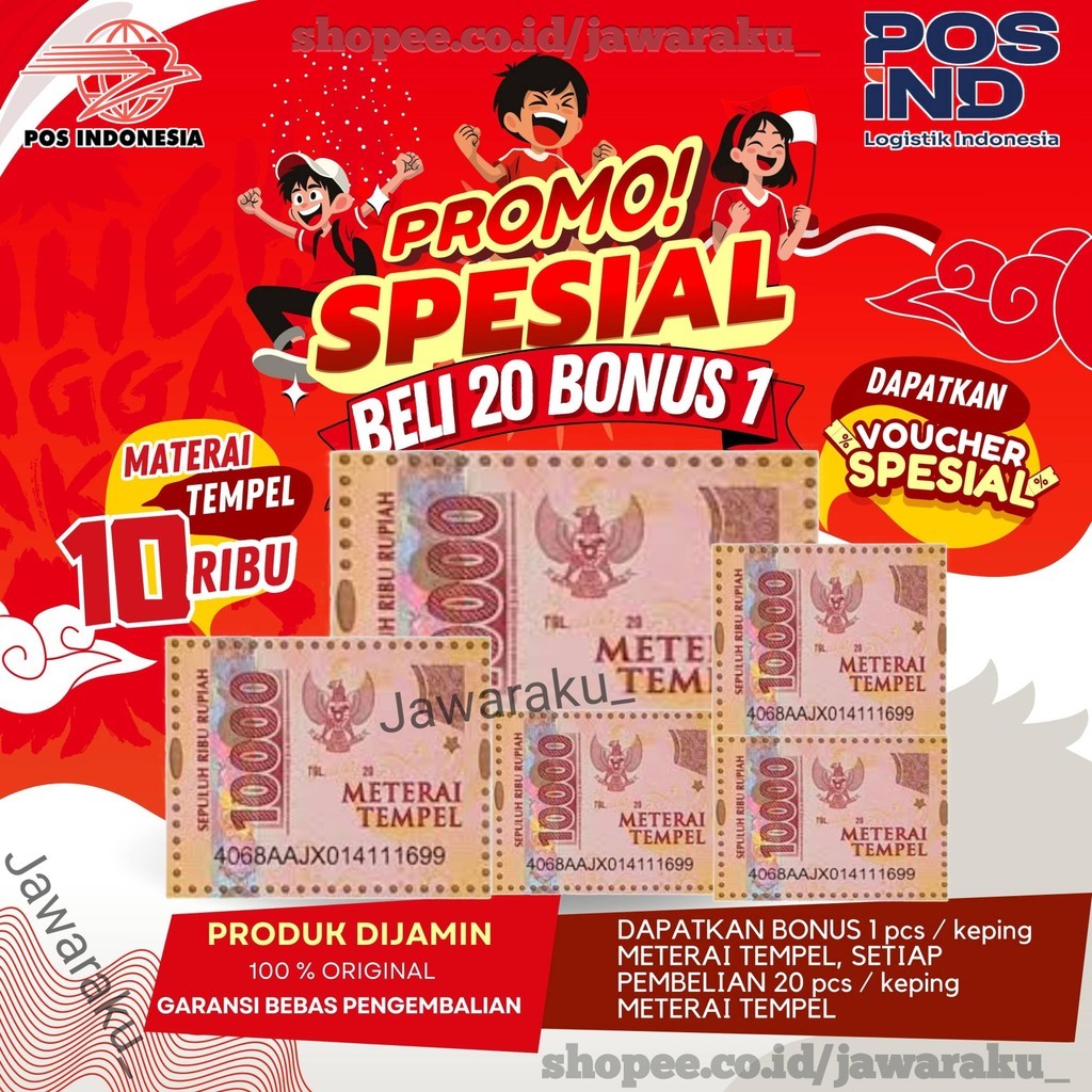 

Materai Meterai 10000 Pos Indonesia isi 10 Pcs TERMURAH.!! ( terbukti lolos ultraviolet) (Di uji lolos ultraviolet)