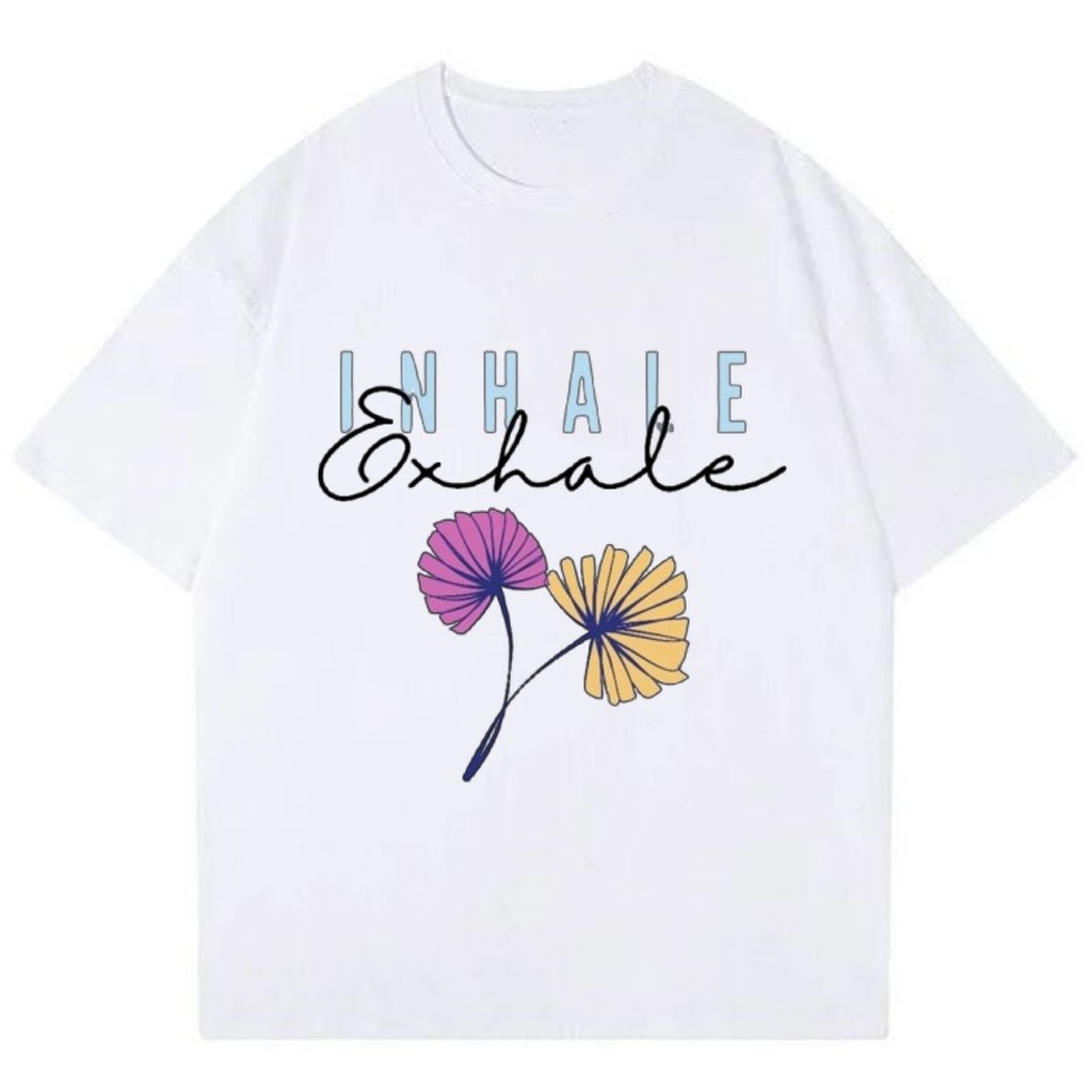 kaos lengan pendek t-shirt putih wanita "in hale exhale" bunga aesthetic fashion style cotton combed