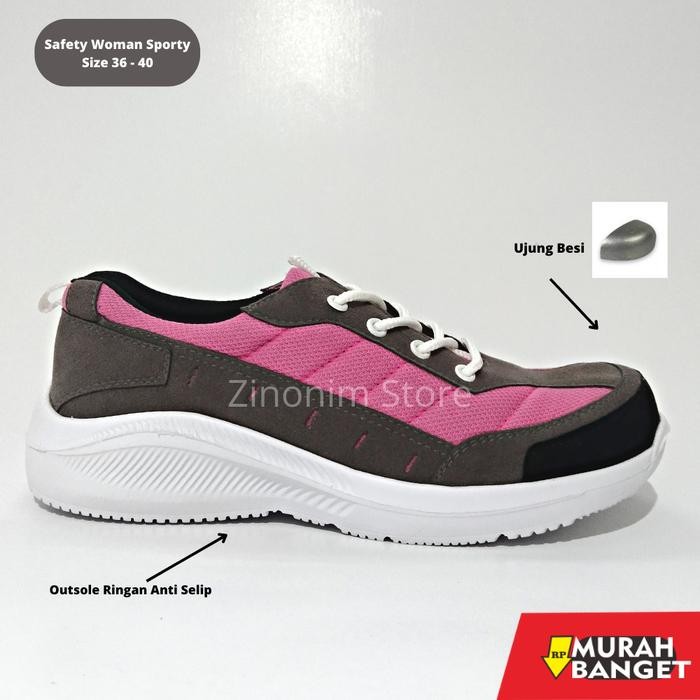 Sepatu Wanita Safety Shoes Sneakers Sporty Ujung Besi - Abu Pink, 36