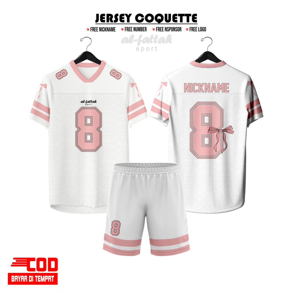 BAJU JERSEY COQUETTE RIBBON KEREN KOREAN PUTIH PINK FUTSAL / VOLY / TENIS PREMIUM GRATIS NAMA
