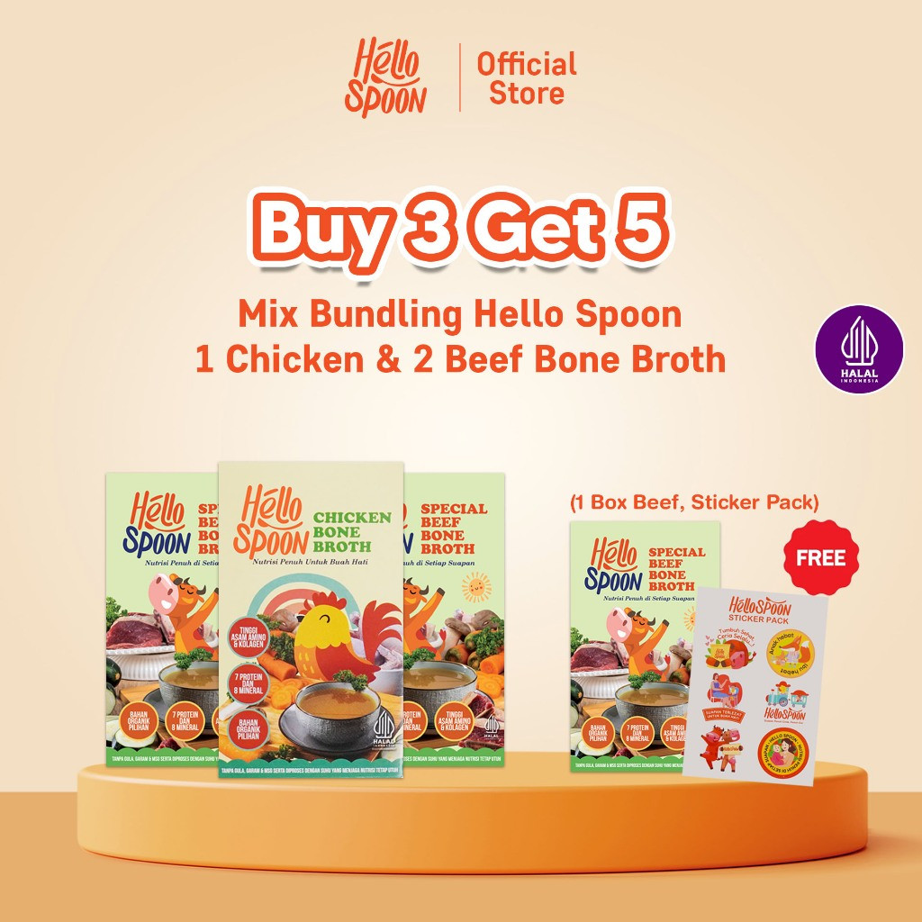 

[BUY 3 GET 5] - 1 CHICKEN BONE BROTH & 2 BEEF BONE BROTH Hello Spoon FREE 1 Box Beef Bone Broth & Sticker Pack - 100% bahan alami - Tanpa MSG & Pengawet
