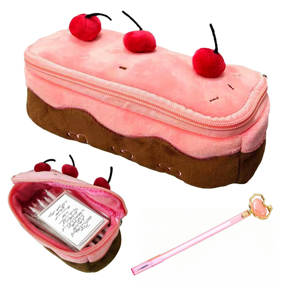 

Plush Pencil Case Large Capacity Kawaii Cherry Cake Design Fuzzy Cute School Supplies Stationery Organizer Pouch Holder for Girl