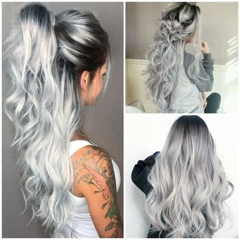 Synthetic Gradient Gray Black Fluffy Long Curly Wave Wig Women Simulation Cosplay Full Head Cover