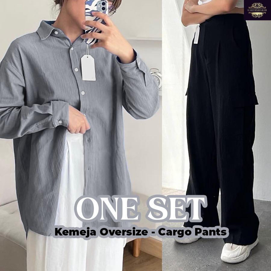 [Bundling] One Set Celana Cargo Higwaist & Kemeja Oversize Linen Crinkle