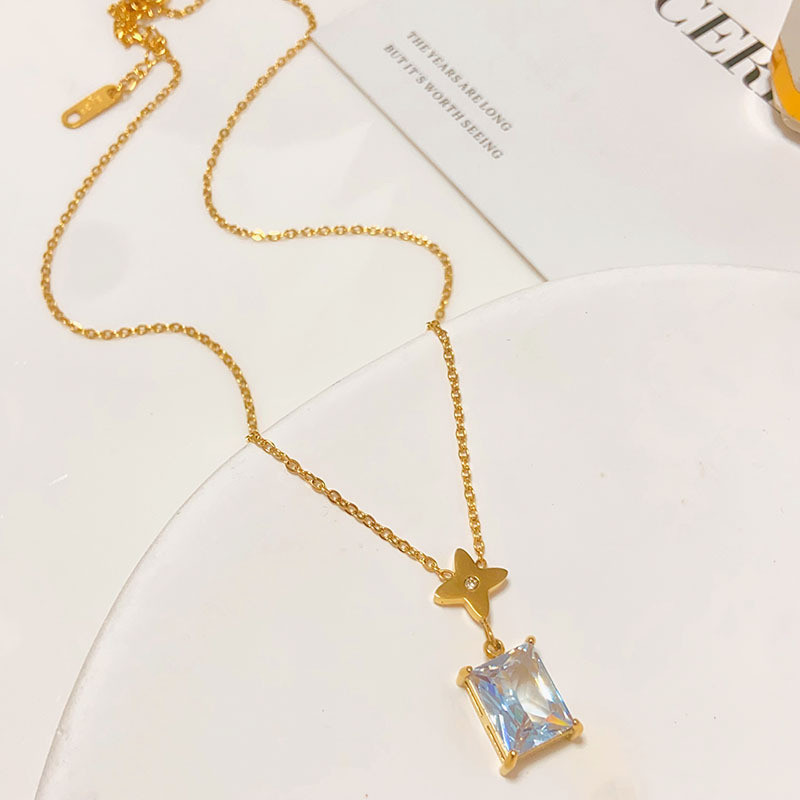 Kalung Zirkonia Persegi Putih - Kalung Titanium Anti Karat ，Emas，Wanita