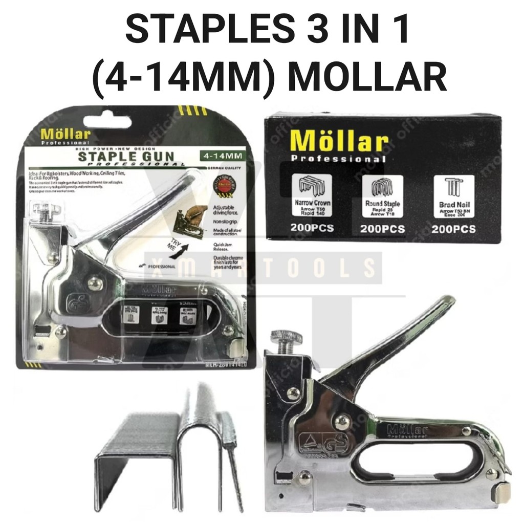 

Alat Tembak / Staples Gun Tucker 3 in 1 MOLLAR / Steples Staples Tembak Hekter Tacker Jok Kulit Kardus 3 Way