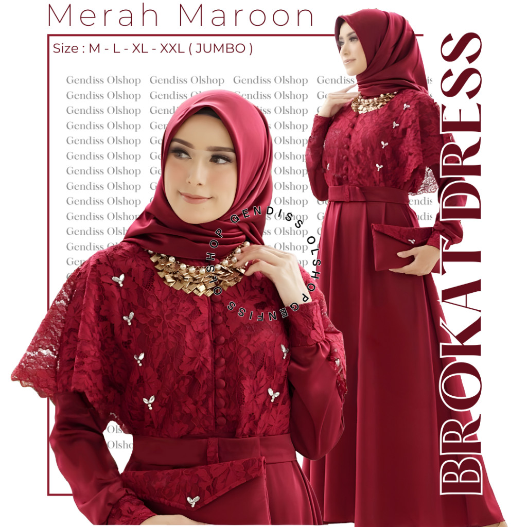 [HOT NEW] Dress merah Hati maroon brokat Gamis kekinian kombinasi polos  desain modern dan mewah mut