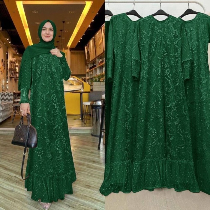 gamis pesta dress XL Maira hijau botol maxi baju muslim hum at