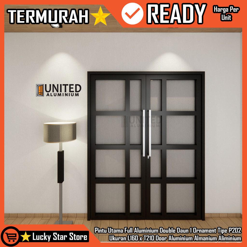 United Aluminium Co Id Pintu Utama Full Aluminium Double Daun plus Ornamen Tipe P202 Cokelat Putih H