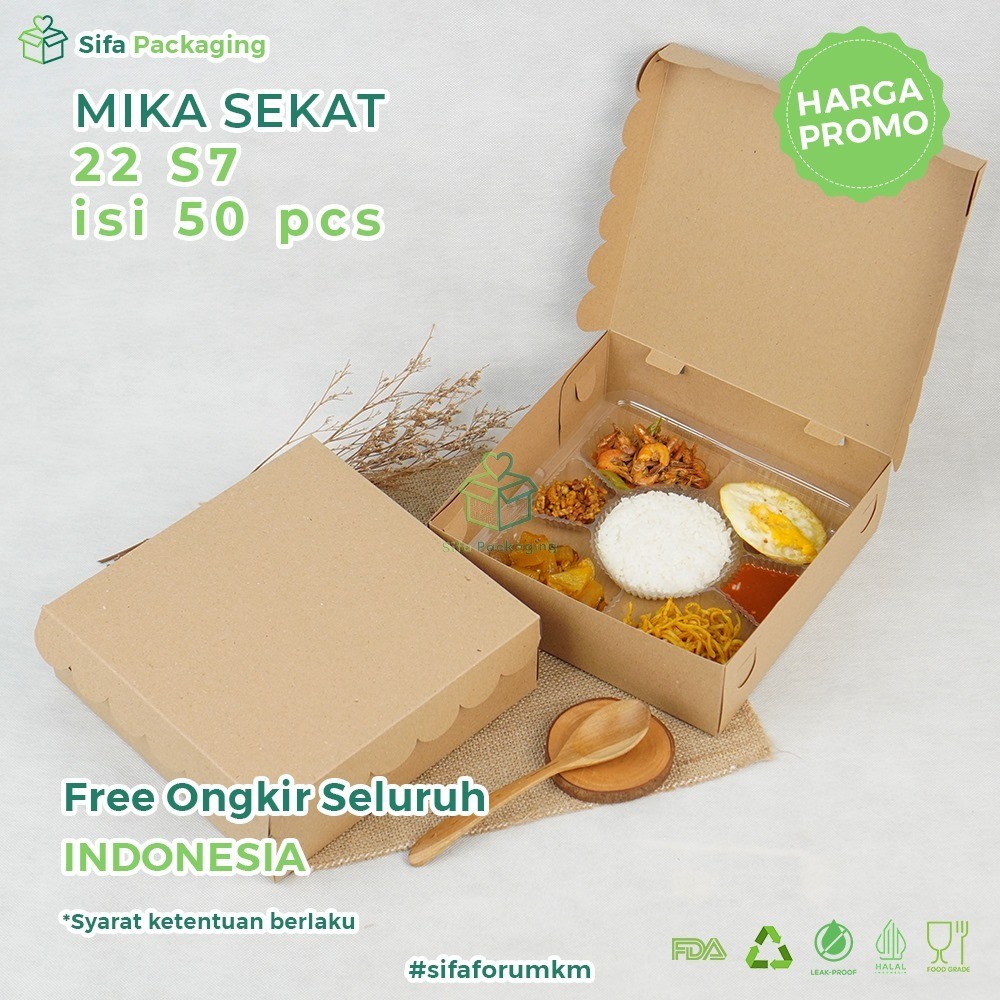 Mika Dalam Dus Nasi 22x22 Mika Sekat 7 Kotak Nasi Catering Box Tray Isi 50 Pcs