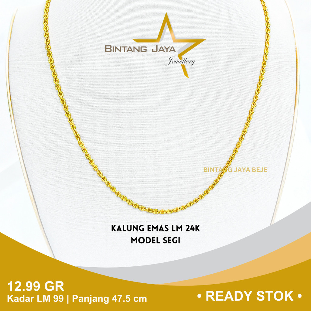 Kalung Emas Kadar 24K LM 99 Berat 12.99 gr gram Panjang 47.5 cm Model Rantai Segi Kait S Klg Perhias