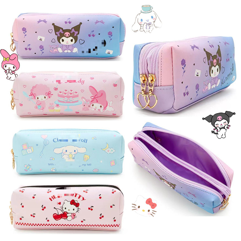 

Kawaii Sanrio Cinnamonroll Kuromi Cartoon Double Layer Pencil Case Travel Storage Bag Zipper Coin Purse Stationary Gift