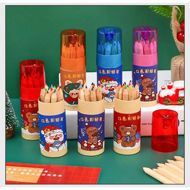

12 Colored Pencils with Built-in Sharpener Children's Stationery Christmas Gift Drawing Color Pencil Xmas Ornaments Kids Present