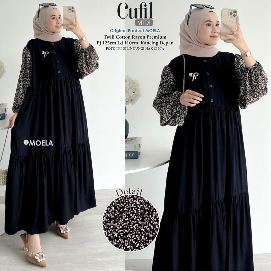 ORI MOELA-Gamis Dress Midi Terbaru Motif Hitam Kombinasi Rayon Twill Premium LD 110