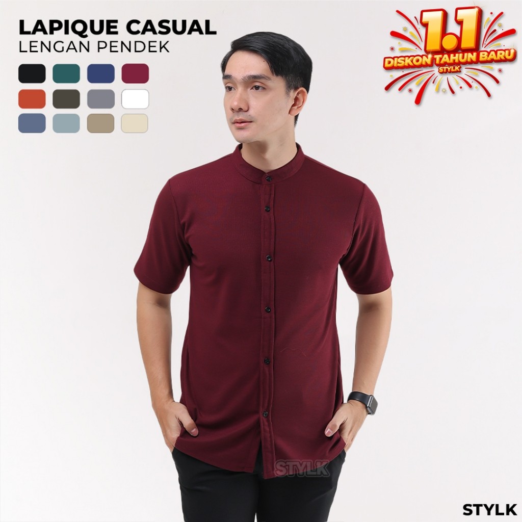 BAL63 Stylelaki LAPIQUE - Kemeja Burgundy Pria Casual Lengan Pendek Slim Fit Anti Kusut Nyaman dan L