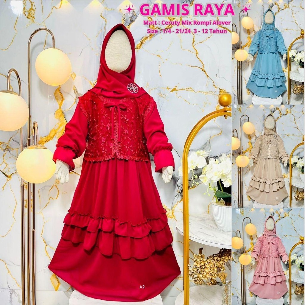 Gamis / Dress Anak Perempuan Import Muslim Masakini Dress RAYA Matt Ceruty Mix Rompi Allower Usia 3 