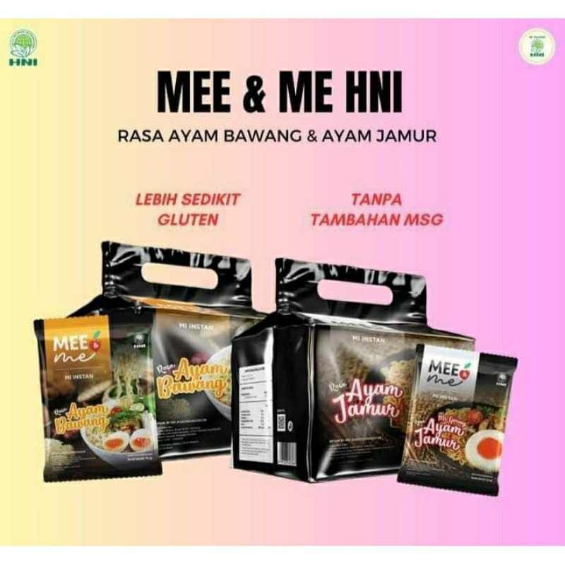 

Mee n me sehat HNI, mee n mee pouch isi 10pcs, mie instan sehat HNI, mie ayam bawang n mie ayam jamur