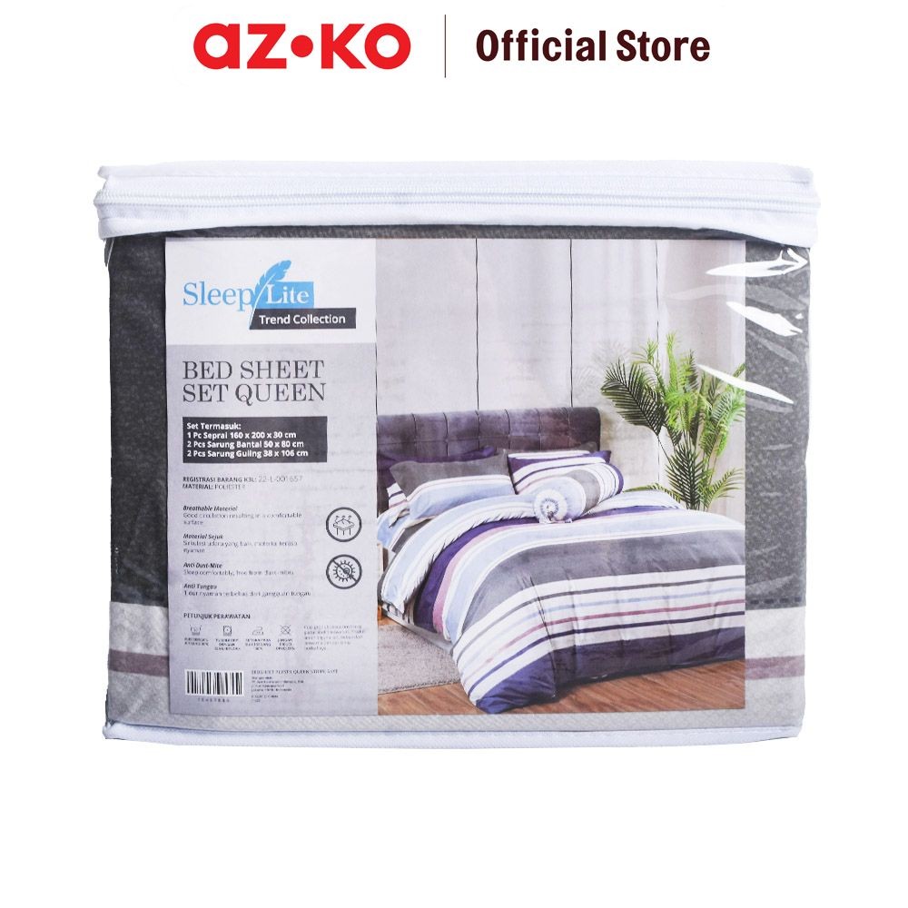 AZKO Sleeplite 160x200 cm Set 5 Pcs Seprai Queen Polyester Stripe Skye Sprei Seprai Aesthetic Seprei