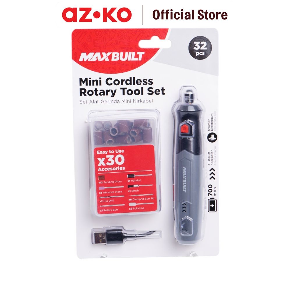 AZKO Maxbuilt Set 32 Pcs Gerinda Mini Cordless - Hitam/Abu-Abu Mesin Penghalus Cordless Perkakas Per