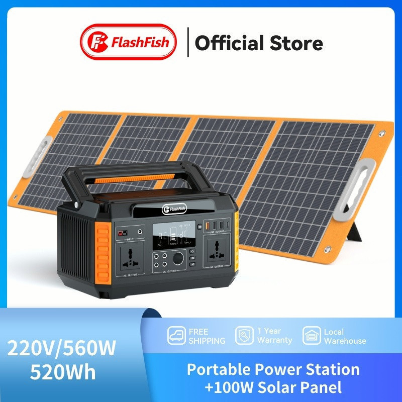 (560W Portable Power Station+100wp Solar Panel) FlashFish Portable Solar Generator Power Station wit