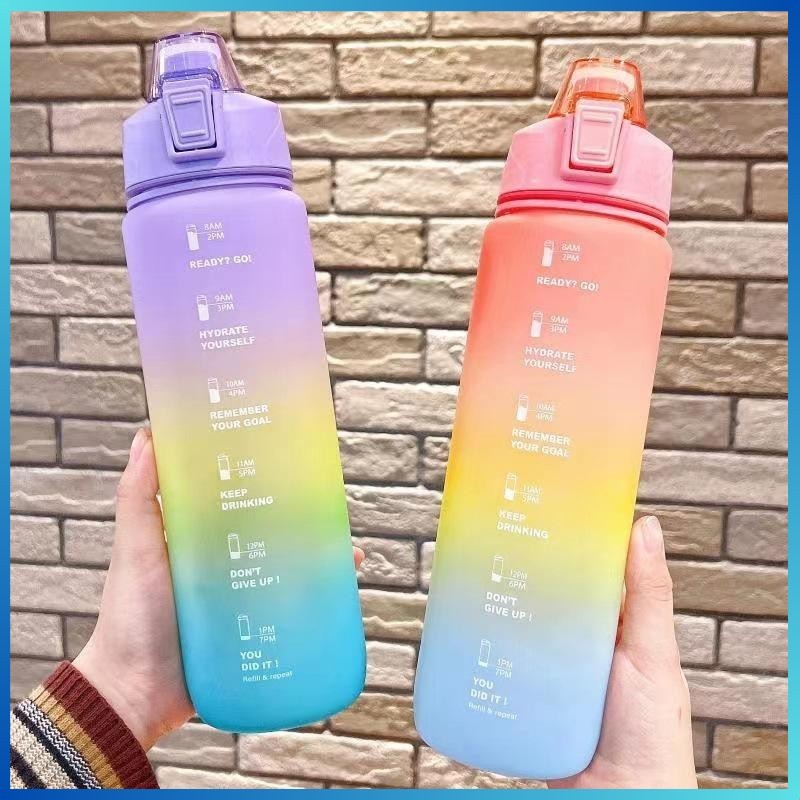 wimax - Botol Minum Tritan Rainbow 1 Liter Sedotan+Stiker 1L Viral Gradasi Bottles Kitchenware Water