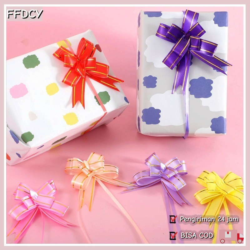 

200 Pcs 330mm Serut Besar Pita Tarik 18mm Lis Emas Hiasan Parcel Souvenir Pull Flower Ribbon Gold Stripes