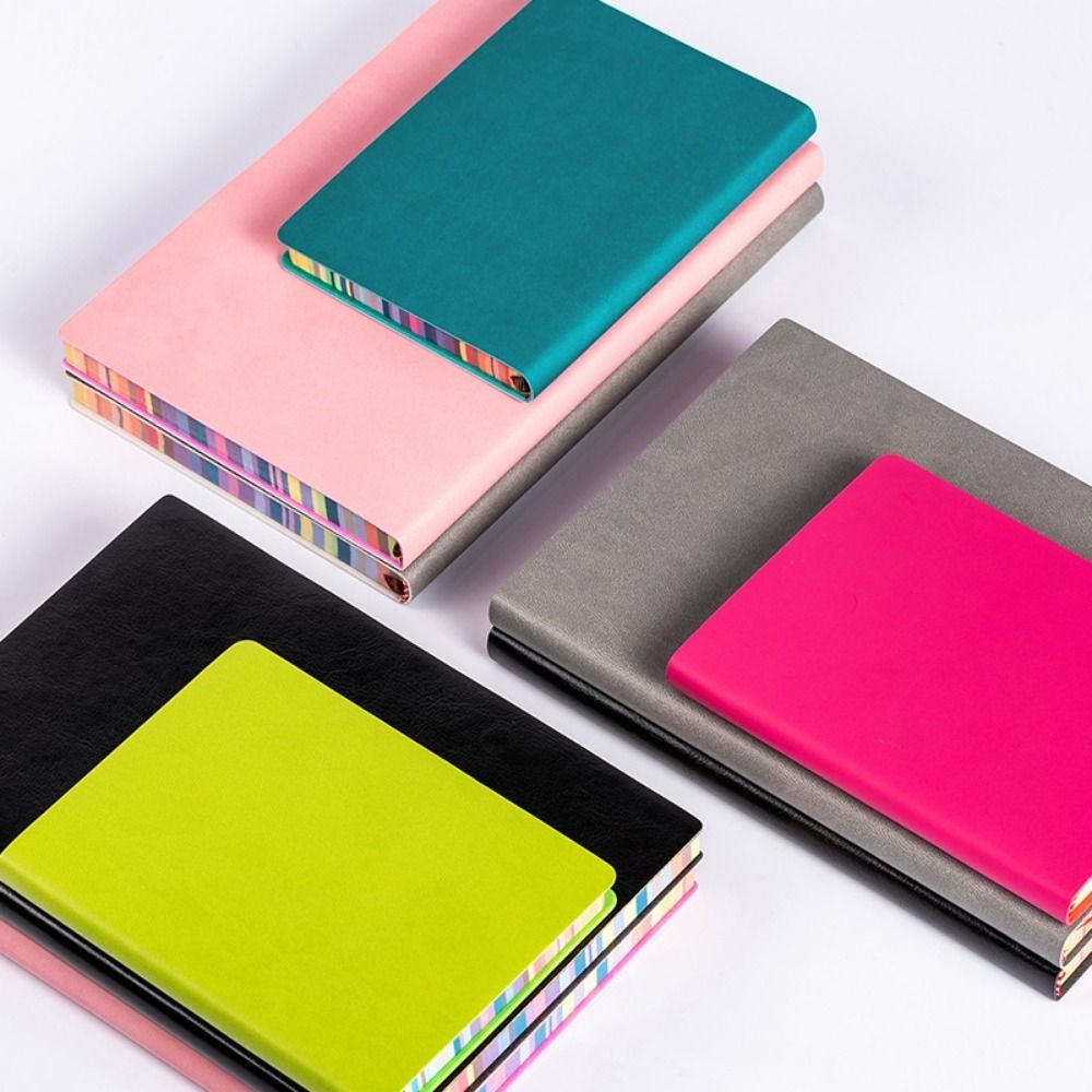 

Soft Leather Cover Rainbow Edge Notebook 200 Pages Waterproof Work Meeting Record Book Horizontal Line Thickened