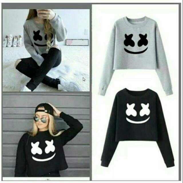Sweater Wanita Crop Fleece Marsmello Lengan Panjang Abu Hitam