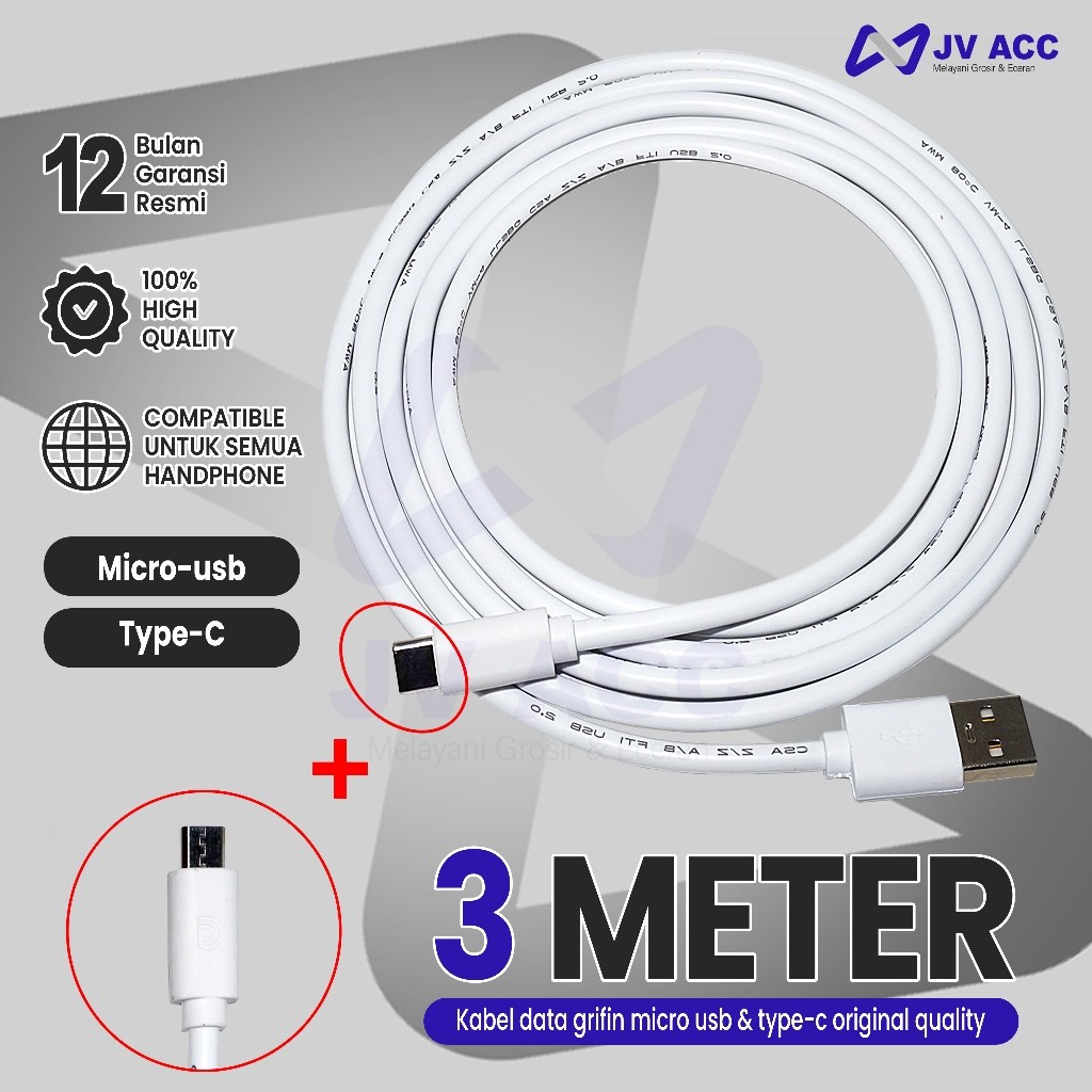 KABEL DATA CHARGER HP/CCTV GRIFFIN MICRO USB / TYPE C 3 METER UNIVERSAL