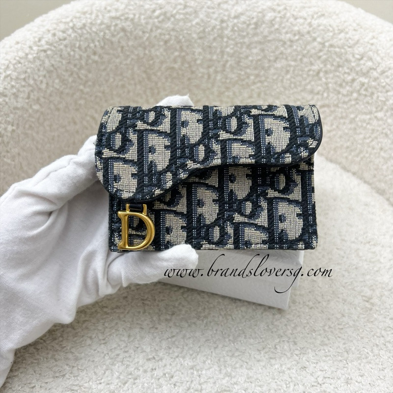 (Pre-loved) Dior Saddle Flap Card Holder in Blue Oblique Canvas AGHW