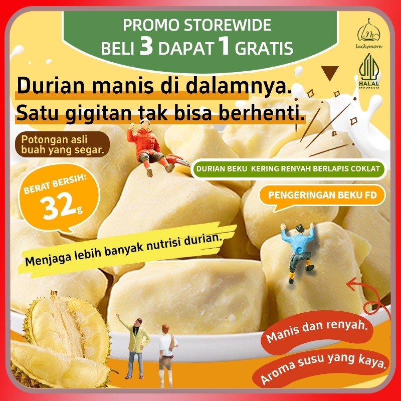 

[Luckymore] HALAL Durian Beku Kering Renyah Berlapis Coklat 32gr, Durian, Buah Durian, Keripik Durian, Keripik Buah, Cemilan Sehat, Durian Kering, Duren Kering