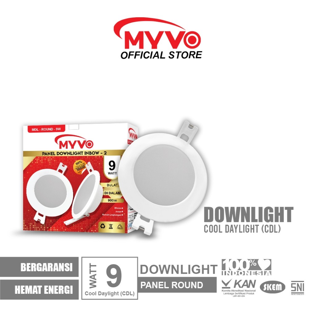 BISA COD LAMPU BOHLAM MYVO MYVO Lampu LED Downlight 9 Watt Panel Round Inbow Cahaya Putih GARANSI 10