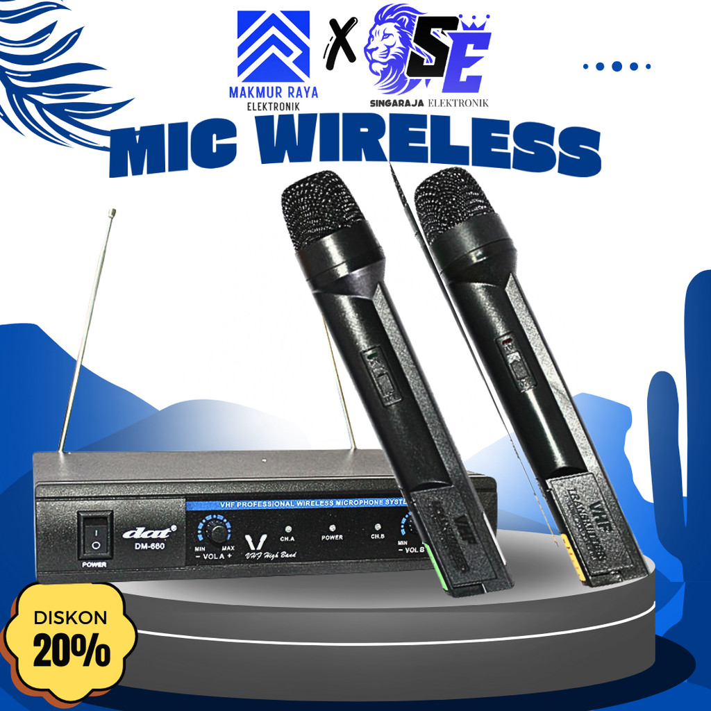 DAT DM660 Wireless Microphone | Mic Tanpa Kabel Karaoke 2 PCS VHF/UHF