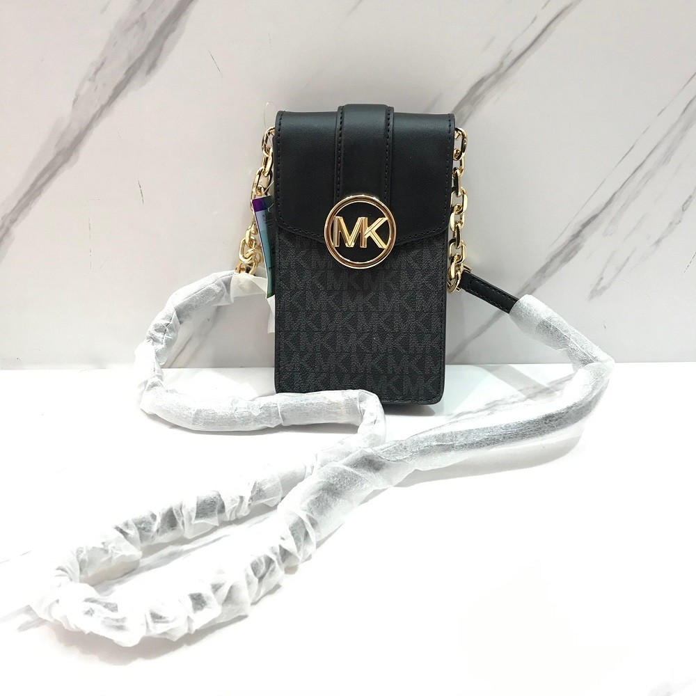 Michael Kors Carmen Phone Crossbody in Signature Black with Gold Hardware