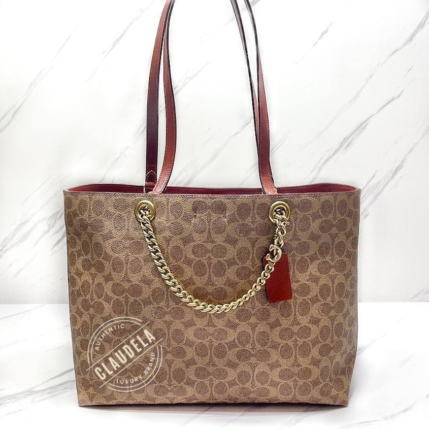 Coach Chain Tote Signature Tan Rust