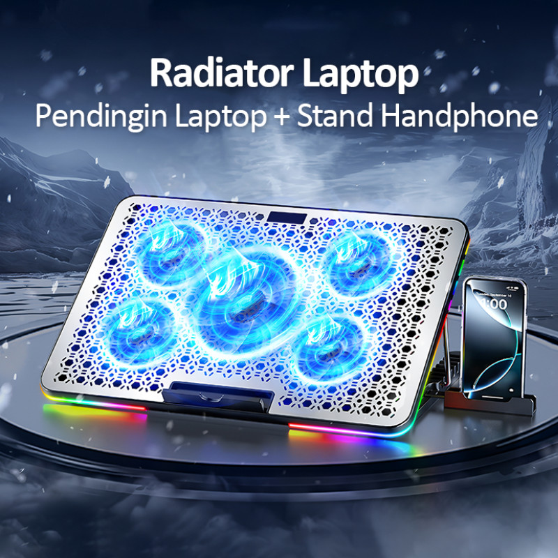 Bonkyo Cooling Pad Laptop Gaming RGB 5 Fan Silent  With Phone Holder Silent Fan Stand Laptop Kipas L