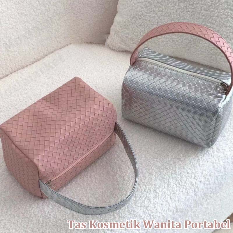 POUCH MAKEUP Pouch Cosmetic Make Up Silver + Pink Unik Korean Tas Kosmetik Kapasitas Besar/Wanita Me