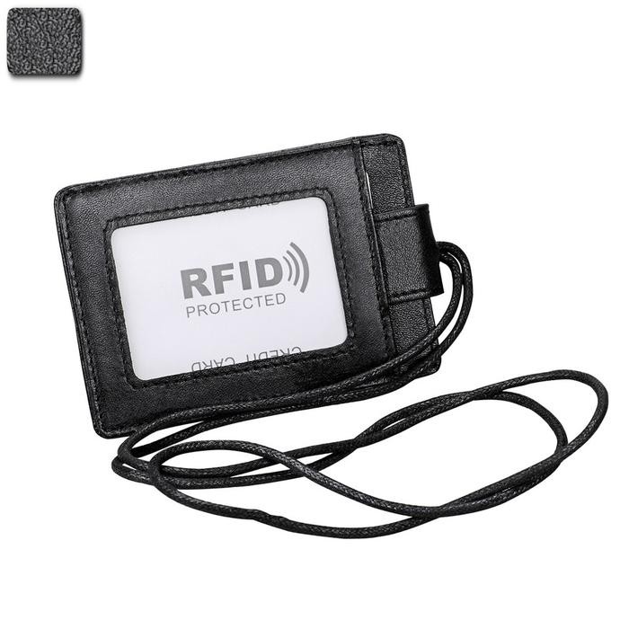 

ANDMA WL083-ID - Lanyard Name Tag Id Card Holder Rfid Protection Cowhide Leather Import Gantungan Tempat Kartu Kulit Pria Wanita - Black
